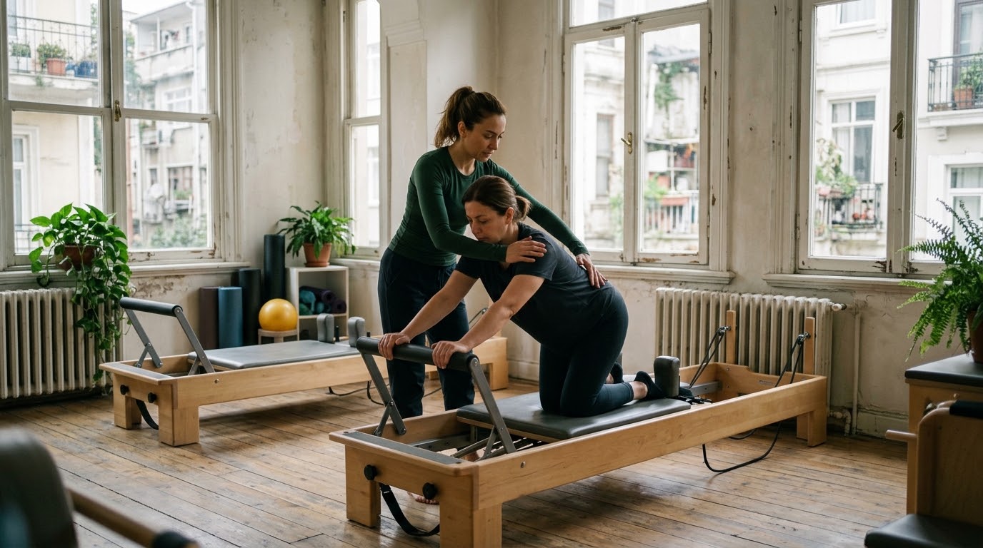 Reformer üzerinde öğrencisine eşlik eden pilates eğitmeni